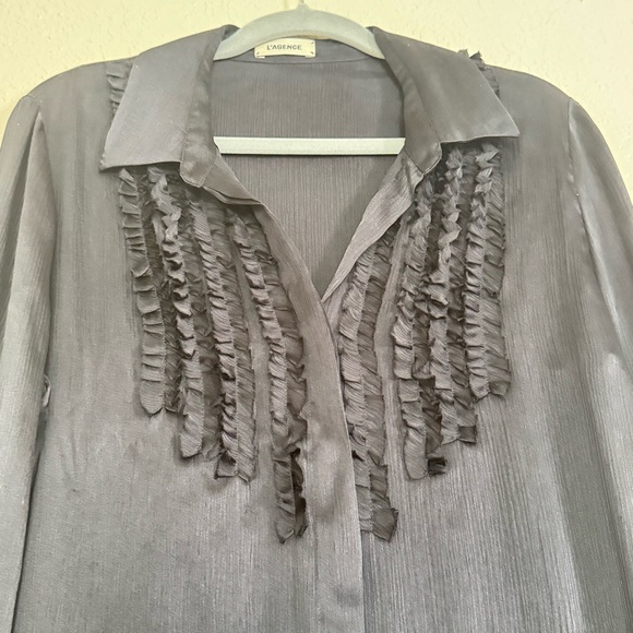 L’agence Black Ruffle Bib 100% Silk Blouse - Picture 4 of 6